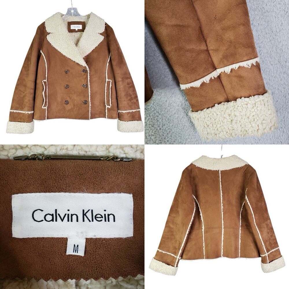 Calvin Klein Women Faux Suede Sherpa Lined Moto Jacket Size Medium Brown